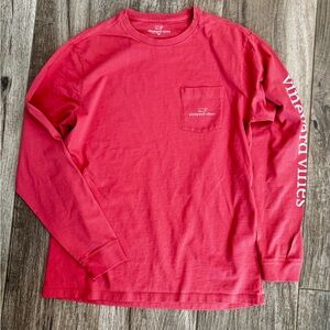 Vineyard Vines Men's Vibrant Coral Red Long Sleeve Tee Soft Logo down Sleeve